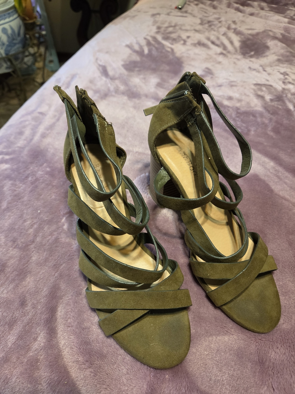 BAMBOO Olive Green Strappy Suede Heels